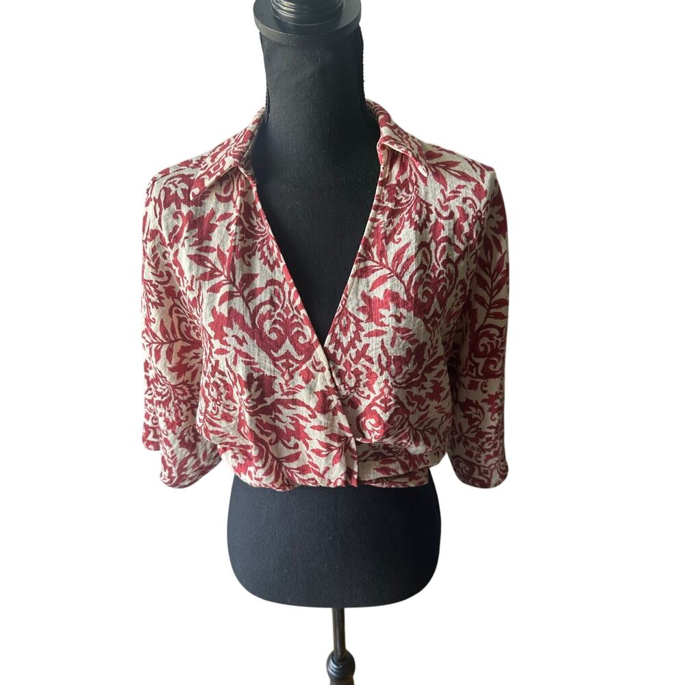 Zara Red White Damask Bolero Blouse S Twist Front Cropped Botanical Print